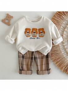 Loomiva 2pcs Baby Boy Cartoon Bear Pattern Knit Soft Crew Neck Long Sleeve Pullover Sweatshirt And Plaid Long Pants Set Baby Clothes Baby Clothing Boy - Multicolor - View 6