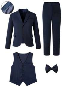 SHEIN 3 件青少年男孩绅士西装套装：西装外套 + 裤子 + 背心，适合钢琴/小提琴演奏会、婚礼、毕业典礼和其他正式场合 - 藏蓝色 - 查看 8