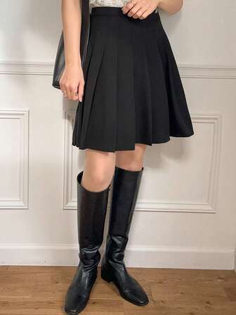 FRIFUL Women's Black A-Line Pleated Midi Skirt, Academic Style, Summer Clothing