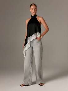 AiiRZ Áo satin cổ yếm viền ren bất đối xứng, áo cánh không tay thanh lịch cho những buổi tối dự tiệc mùa hè - Đen và trắng - Xem 3