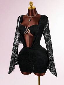 Y2K Amplova Women's Sexy Party Metallic Lace Plunging Draped Neck Mini Dress Suit, New Year Outfit, New Year Club Party Holiday Celebration Dress, Suitable For Party, Christmas, Autumn/Winter Lace Outfit Women Black Lace Bodysuit Black See Through Dress Sexy Women Clothes Lace 2 Piece Set - Black - View 4