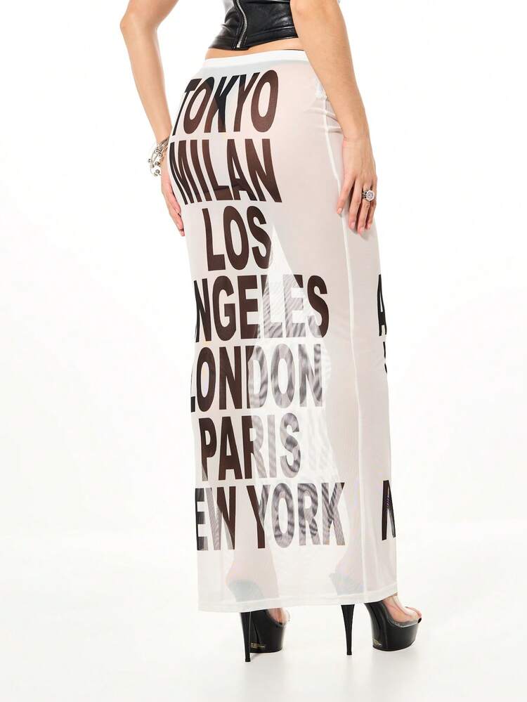 SUMWON Graphic City Names Mesh Midaxi Pencil Skirt With Tokyo Milan Los Angeles London Paris New York Print Festival Summer Streetwear