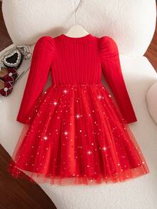 Glamorique Kids 1件装 女童秋冬新款高领泡泡袖串珠设计腰带蝴蝶结串珠星月网纱下摆优雅红色罗纹面料派对生日通勤薄纱公主裙 - 紅色 - 查看 2