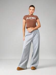 Missguided x Playboy Washed Baby Tee With Wyoming Chest Print Short Sleeve Crew Neck Cotton Blend Graphic Top - Brown - View 4