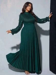 Viva Relle Đầm dạ hội dài tay xếp ly thắt eo thanh lịch dành cho nữ cỡ lớn, đính sequin, thích hợp cho tiệc tùng, đám cưới, năm mới, màu xanh lá cây. - Màu xanh lá cây đậm - Xem 4