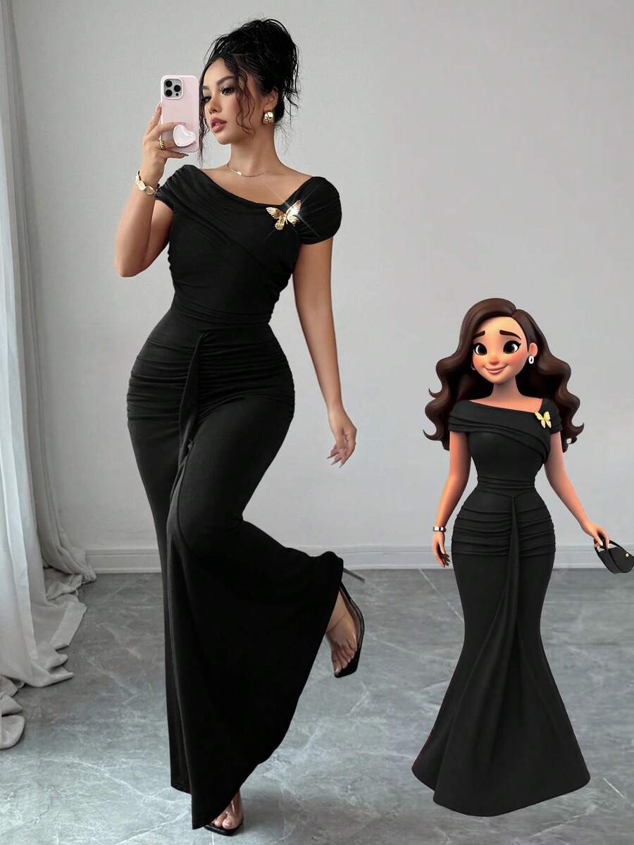 Modelyn Metallic Buckle Decor Ruched Fitted Elegant Long Dress For Women - Black - View 1