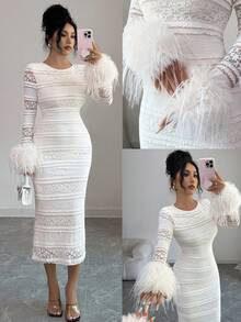 Modelyn Elegante vestido largo de cuello redondo con ribete de piel de imitación beige para mujer, para invierno - Albaricoque - Ver 4