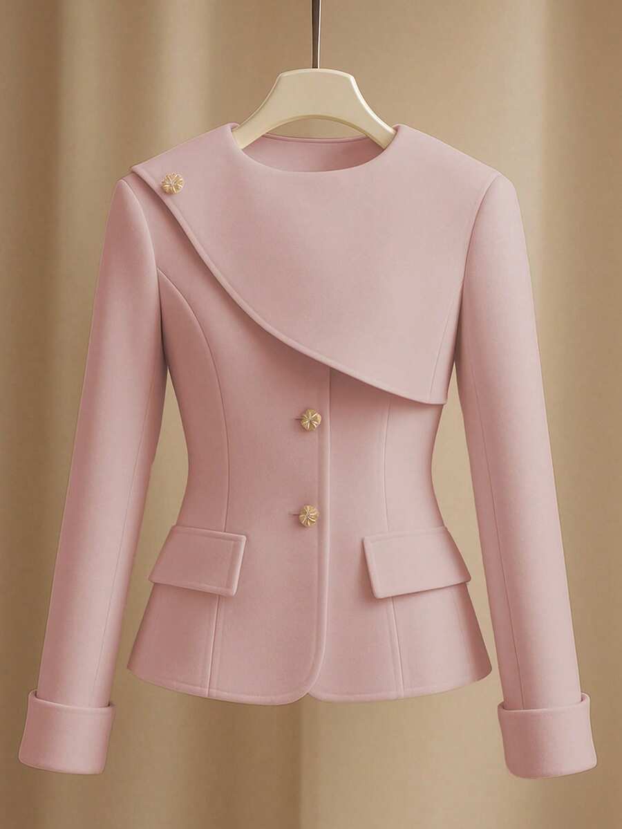 GlowEve Áo khoác nữ tay dài thiết kế nút kim loại màu trơn thanh lịch - Hồng - Xem 1