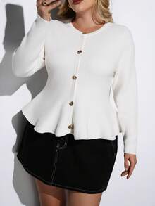Maija 大码女式金属纽扣设计长袖纯色针织毛衣，秋季返校季返校节优雅复古风，适合老少咸宜的教师、绅士、女性等各种场合，兼具浪漫、时尚、百搭、舒适、时尚、优雅、休闲和简约日常穿着。 - 白色 - 查看 1