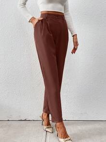 SHEIN Clasi 女士休闲/办公纯色锥形裤 - 棕色 - 查看 5