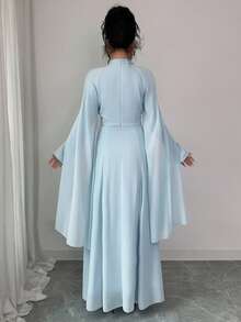 Elenzga 女士新款优雅宴会法式高贵立领蓝色收腰长袖珍珠设计雪纺连衣裙 - 淺藍色 - 查看 2