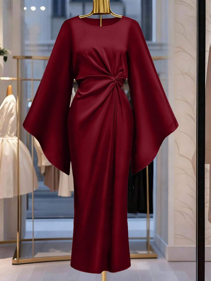 Franclia Váy dạ hội satin màu sâm panh, thiết kế cổ tròn xoắn, váy dài ôm sát tay loe, lý tưởng cho tiệc tối/tiệc tùng - Màu Đỏ Sâu - Xem 1