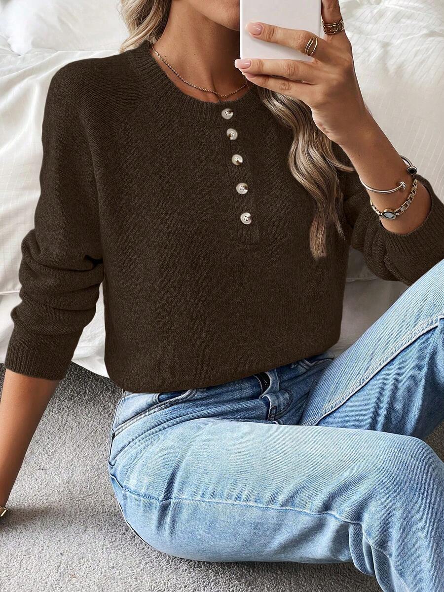 EMERY ROSE 女士新款纯色毛衣，半拉链纽扣针织套头衫，冬季 - 巧克力棕 - 查看 1