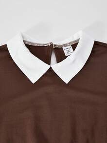 SHEIN ChillGRL Gaun Gaya Preppy Lengan Panjang Berlipit dengan Kerah Warna Kontras untuk Anak Perempuan Remaja - Mocha Brown - View 3