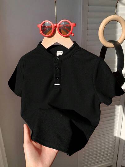 SHEIN Camisa polo de punto de unicolor de manga corta, de cuello alto y media cremallera, holgada y versátil, cómoda para niños preadolescentes, adecuada para ir al trabajo, la escuela, uso casual, vacaciones, deportes, primavera/verano