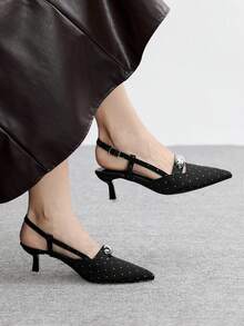 CUCCOO BIZCHIC 女士尖头水钻蝴蝶结细高跟鞋，优雅甜美性感时尚哥特式黑色绒面革套脚高跟鞋，适合正式场合、下午茶、约会、派对、宴会、万圣节、圣诞节、感恩节、情人节等。 - 黑色 - 查看 2