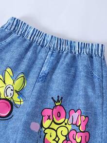 SHEIN ChillGRL Tween Girl 3pcs Spring Break Outfit Set, Solid Color Crop Top, Rabbit Print Camisole Top, And Letter Rabbit Graphic Print Denim Effect Pants, Festival Outfit Summer Holiday