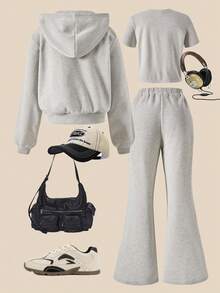 SHEIN Explorewe 3 件套女童休闲运动服，白色字母印花，蓝色卡通图案，蓝色罗纹，2 个口袋，适合上学、郊游、散步、旅行 - 灰色 - 查看 2