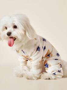 PETSIN 1件蓝色小狗脚印和泰迪熊印花宠物连体衣 白色秋冬法兰绒保暖舒适宠物保暖服 - 彩色 - 查看 4