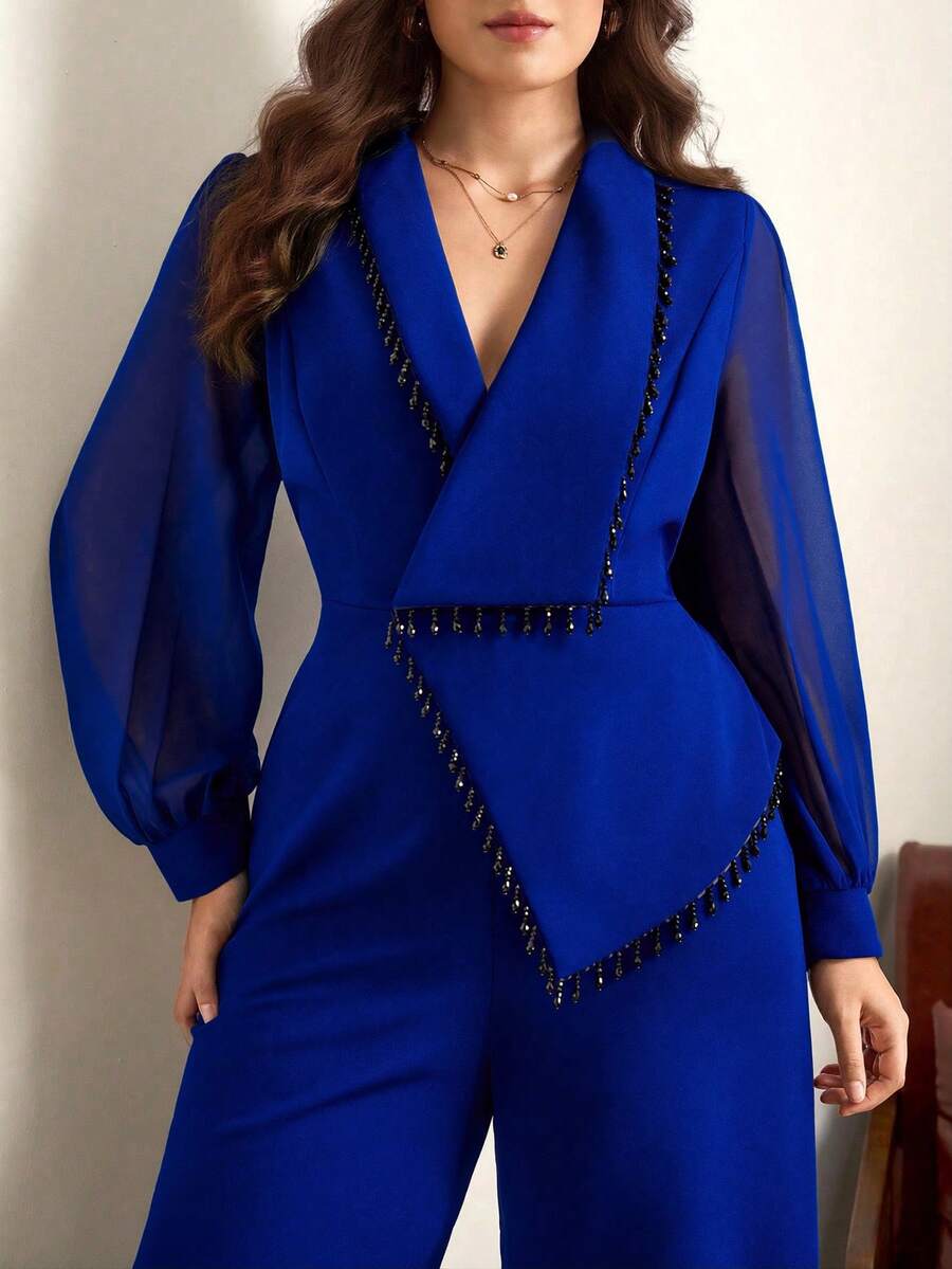Chikora Plus Size Contrast Color Trim Long Sleeve Jumpsuit - Blue - View 1