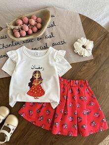 SHEIN 两件套女婴时尚休闲可爱公主风印花荷叶边上衣和裙子套装，适合春夏、居家、户外、旅行、派对、日常穿着 - 彩色 - 查看 11