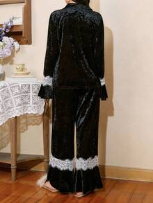 Côtesoire Conjunto de pijama de cárdigan de encaje elegante francés de color contrastante para mujer - Negro - Ver 2