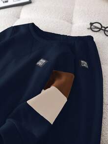 SHEIN 2 件套年轻男童针织袖混合圆领运动衫和裤子套装，休闲舒适，适合日常穿着、学校、通勤、生日派对、晚会、婚礼、洗礼、返校和所有场合，保暖内衬，加厚，适合秋冬季年轻男童套装，年轻男童 2 件套 - 藏蓝色 - 查看 8