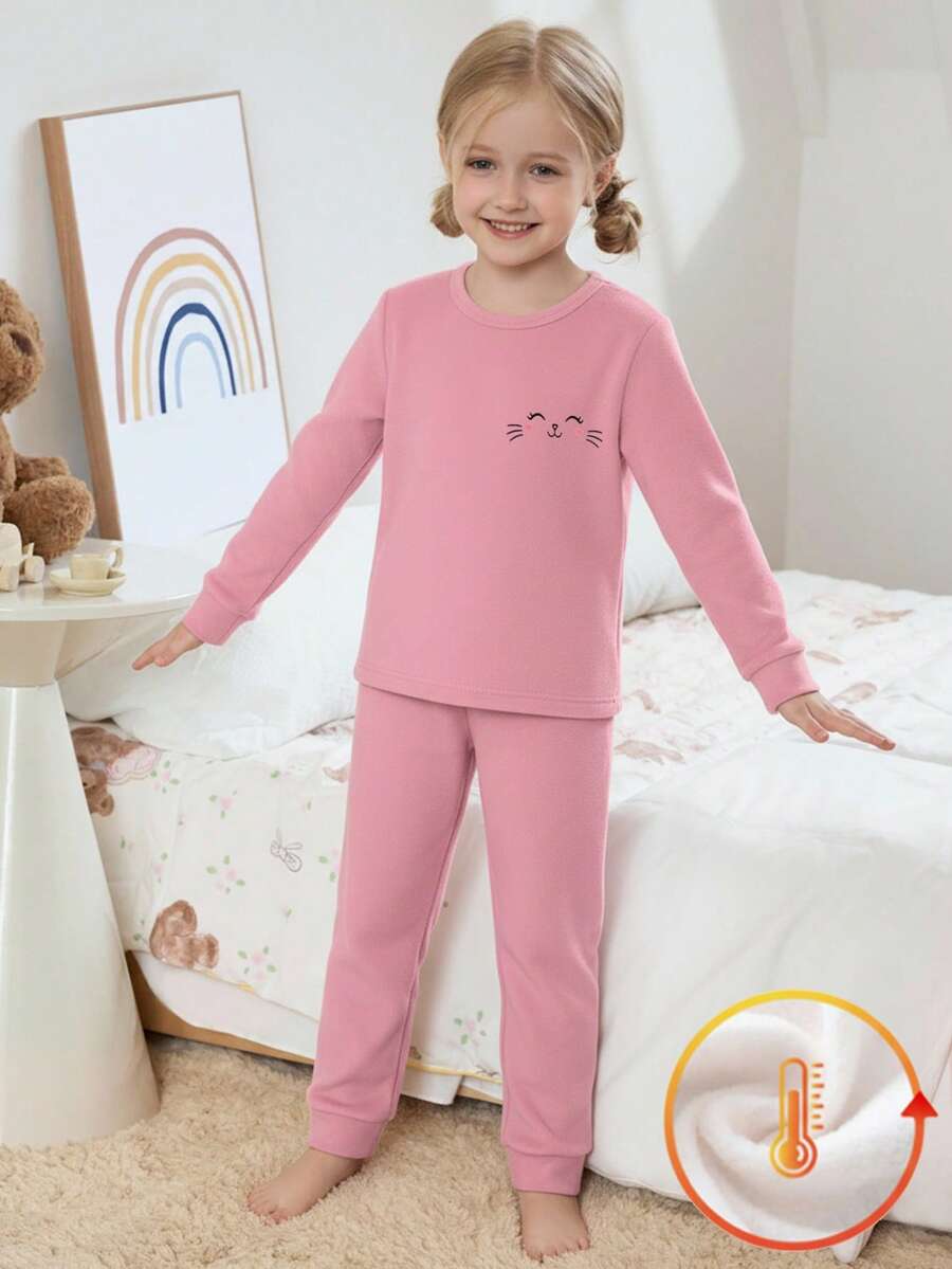 2 peças/Conjunto Macacão e Calça de Malha Elástica de Tecido Peludo Espessado com Gola Redonda e Manga Longa, Conjunto de Roupa de Casa para Meninas Jovens no Inverno - Multicolorido - Visão 1