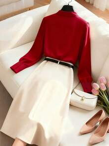 GlowEve Swing Collar Tie Blouse Paired With High Waist A-Line Contrast Color Skirt Set - Red - View 2
