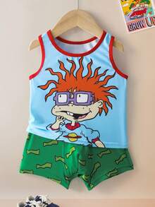 Nick 90s | SHEIN Young Boy Cartoon Figure Graphic Round Neck Tank Top And All-Over Print Shorts Underwear Set