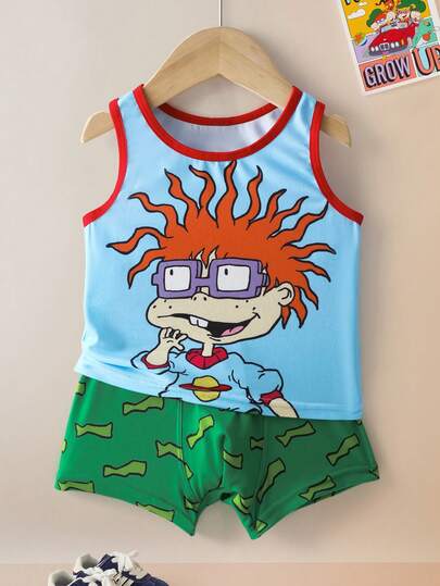 Nick 90s | SHEIN Young Boy Cartoon Figure Graphic Round Neck Tank Top And All-Over Print Shorts Underwear Set