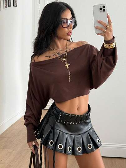 Coolane Sudadera corta de manga larga con hombros descubiertos, de estilo vintage minimalista Y2K, cómoda y elástica, para salir y fiestas, de color marrón, para mujer, atuendo de otoño