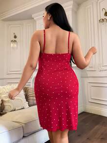 ZzzCrew Heart-Print Red Dress Plus Size Women Knitted Ribbed Red Heart Print Contrast Lace Bow Cute Sleepwear , Suitable And Celebrations Red Night Dress - Red - View 3