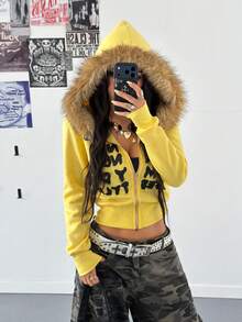 StreetHx 女士灰色保暖内衬黑色涂鸦字母印花渐变毛领修身短款连帽卫衣，秋冬款 - 鵝黃色 - 查看 4