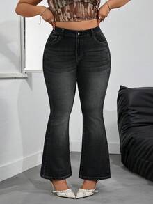 SHEIN PETITE CURVE 大码休闲水洗修身喇叭牛仔裤 - 黑色 - 查看 3