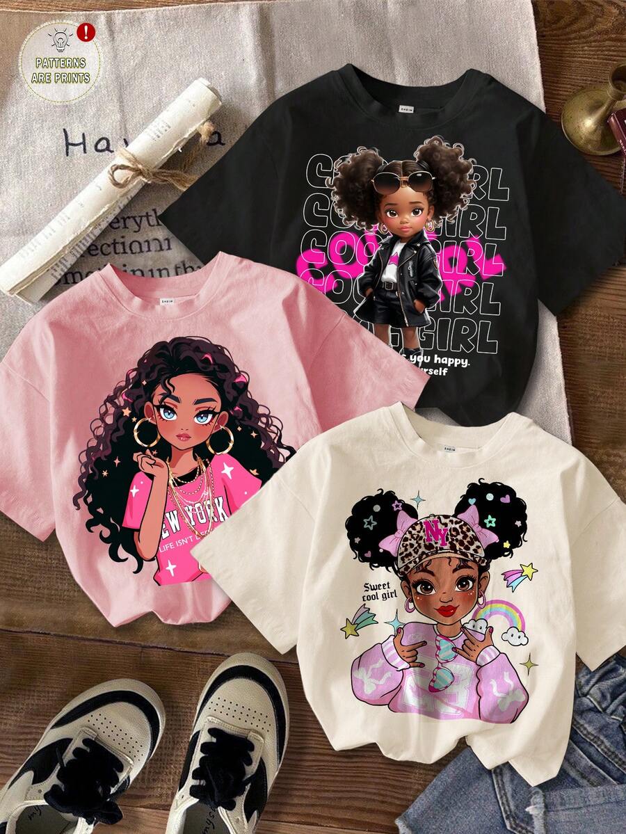 SHEIN Leap Crew 少女三件套休闲简约卡通女孩图案短袖圆领T恤套装，夏季女孩图案公主T恤 - 彩色 - 查看 1