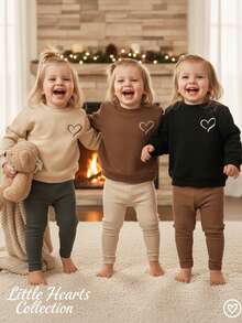 SHEIN Baby Girl Vintage Cute Heart Print Sweatshirt And Pants Set,Soft Knit Loose Crew Neck Outfit,Family Matching Autumn Brown Black Khaki Merlot Clothes - Multicolor - View 3