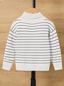 SHEIN Boys' Striped Turtleneck Long Sleeve Knit Sweater,White,Autumn,80s,School,Back-To-School,Comfortable Versatile Preppy All-Match School Uniform - White - View 2