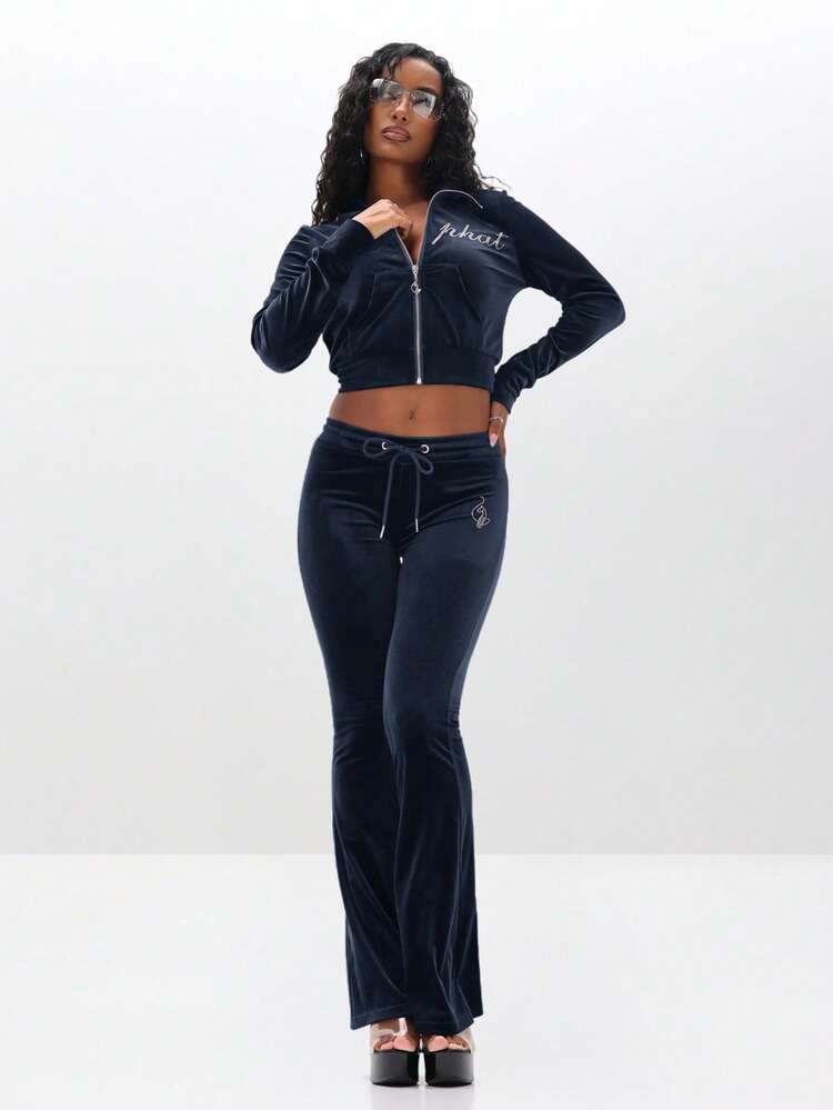 BABYPHAT Velour Funnel Neck Zip Up Sweatshirt With Rhinestone Text Embellishments Cropped Long Sleeve Tracksuit Top