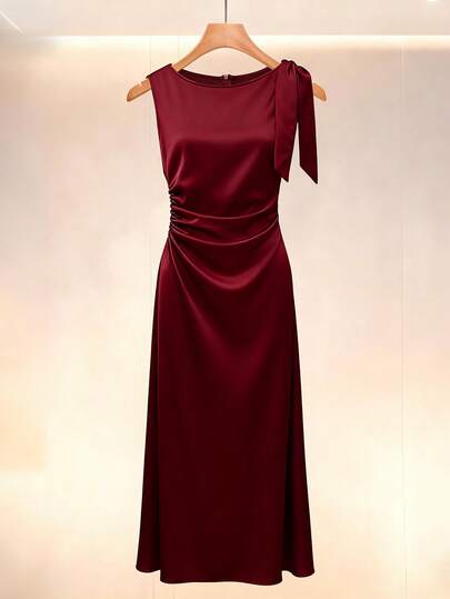 SHEIN Franclia Solid Color Satin Pleated Bow Waist Dress Satin Bow Tie Waist Dress Wine Red Dress Deep Red Satin Dress Wine Red Elegant Sleeveless Dress