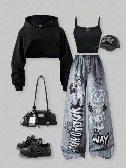 SHEIN ChillGRL Streecool 儿童休闲少女宽松街头风牛仔印花裤、露脐吊带背心、长袖连帽网纱上衣三件套，时尚