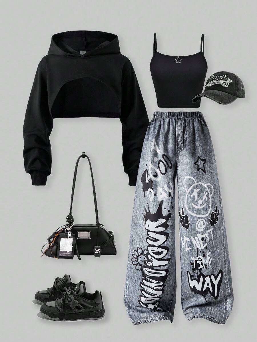 SHEIN ChillGRL Streecool Kids Casual Tween Girl Loose Street Style Denim Print Pants, Cropped Camisole Top, Long Sleeve Hooded Mesh Blouse 3-Piece Outfit, Fashion