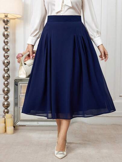 Modelyn 大码女式高腰褶皱优雅职业装半身裙