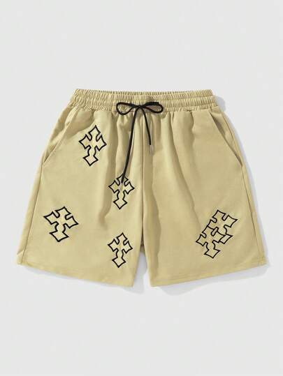 Goth Herren lässige, modische Shorts mit Streetwear-Kreuz-Stickerei und Kordelzug in Taille, Sommer