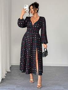 Elenzga Plus Size V-Neck Heart Print Slit Hem Dress - Multicolor - View 5