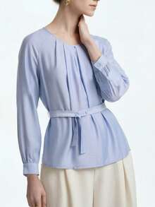 Aalyst 休闲通勤时尚高端奢华圆领插肩长袖褶皱亚麻混纺束腰宽松女式衬衫 - 藍色 - 查看 5