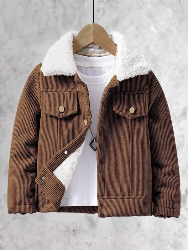 SHEIN Tween Boy Casual Retro Corduroy Collar Fleece Jacket, Suitable For Autumn/Winter School Outings Boys Brown Jacket Boys Corduroy Jacket Boys Sherpa Lined Jacket Fall