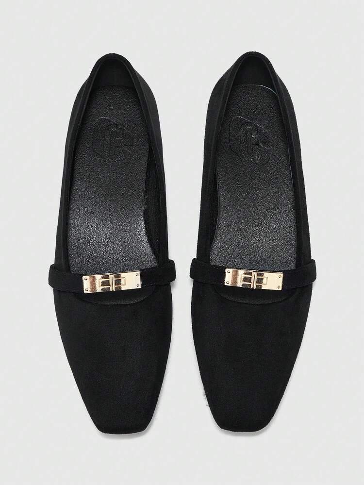 CUCCOO BIZCHIC Women's Square Toe Flat Black Suede Metal Buckle Mary Jane Flats, Lightweight Comfortable Slip-On Suitable For Dresses For Christmas Spring Shoes