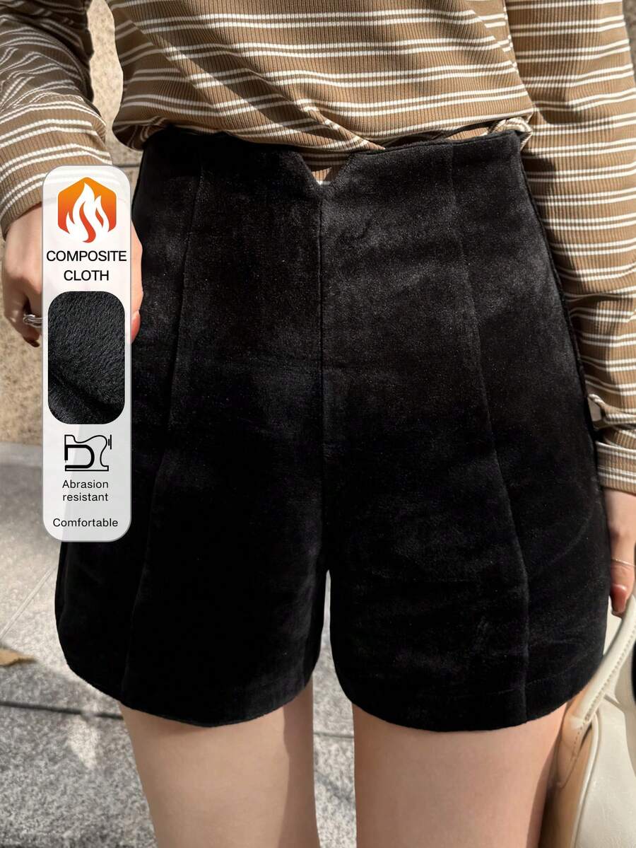 FRIFUL 女士纯色简约高腰短裤,日常穿着 - 黑色 - 查看 1