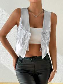 Allurite 纯色流苏无袖开衫外套，休闲度假 - 銀色 - 查看 5